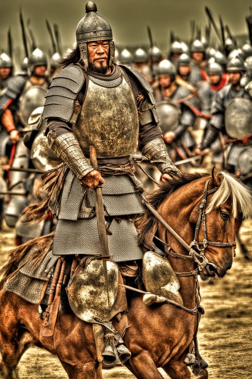 Close-up of a warrior the 1200s and a Mongol warriors, strong athletic build, in battle gear. HDR --s 1000