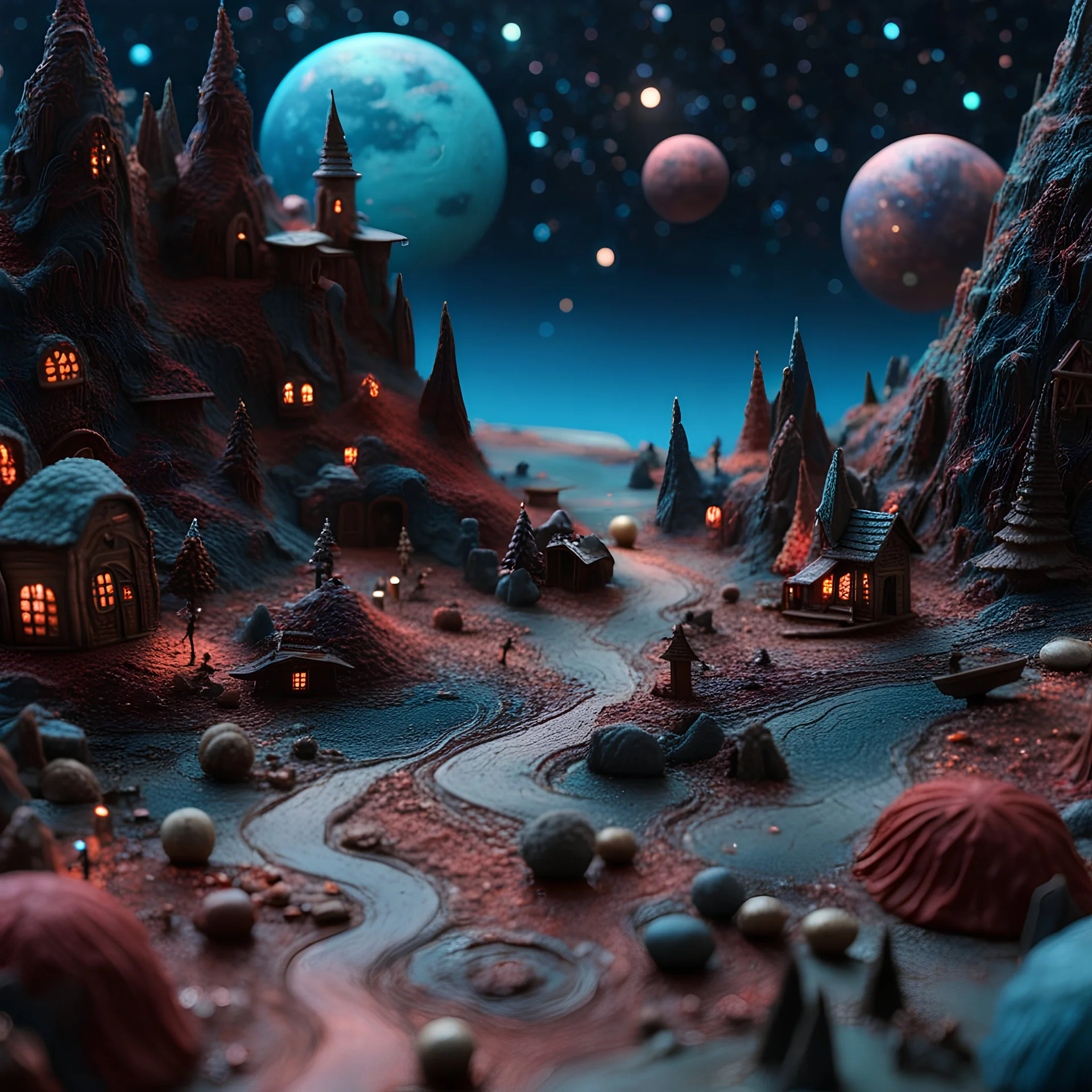 Detailed creepy landscape made of modeling clay, people, village, stars and planets, naïve, strong texture, extreme detail, Max Ernst, decal, rich moody colors, sparkles, bokeh ((masterpiece, good quality, intricate details, high quality, best quality, 8k, in focus, sharp focus))) DVD Screengrab, fantasy, sci-fi, cinematic, photorealism, octane render, frostbite, 8k, cinematic, unreal engine, bokeh, vray, houdini render, ultra realistic, cinema4d, studio quality, highly detailed <realvis51