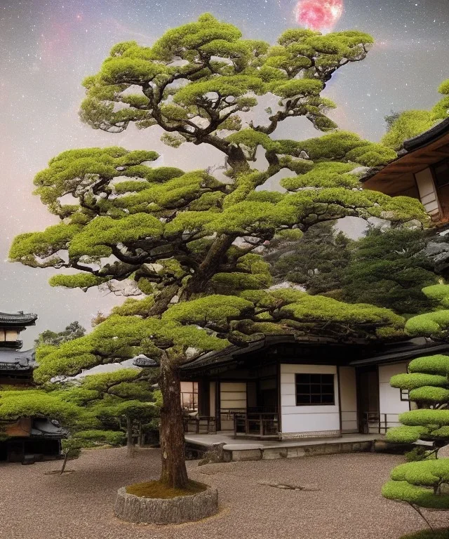 Japanese tea house on an asteroid in outer space with a nebula backdrop and otherworldly trees