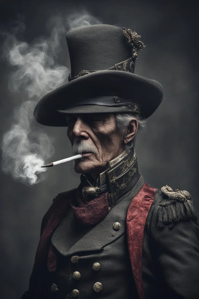 70 years old victorian bloodborne soldier smoking a cigarette