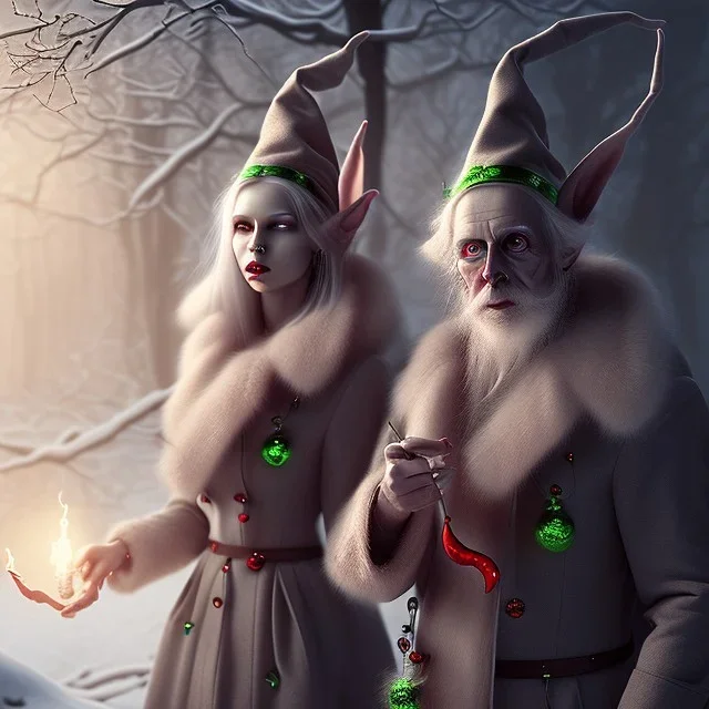 two horror scary elves. woman and man. Christmas scene. photorealistic. low-key