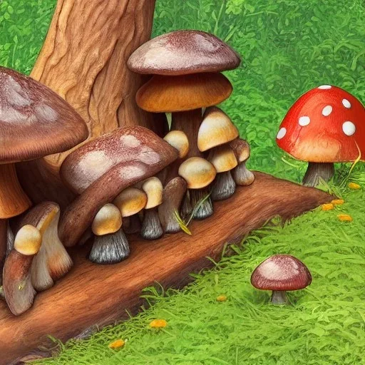 Large log,Mushroom city,fallen log, plentiful mushrooms,fantasy
