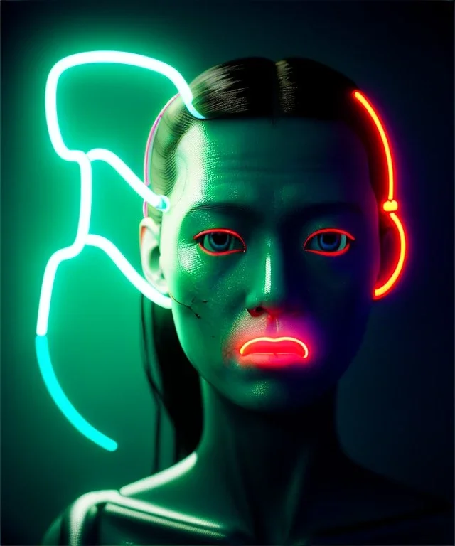 Ultra realistic photographic night portrait, cinematic, <Asian woman> many wires coming out of the head <perfect pupil><glow eye> <cyborg arm> <garage> <wide angle><x-rays> <retro futuristic> <Helmut newton photo style>, neon lights, color fog, soft color, highly detailed, unreal engine 5, ray tracing, RTX, lumen lighting, ultra detail, volumetric lighting, high definition.