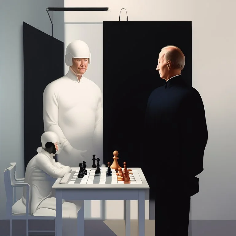 Putin, President Xi Of China And Joe Biden Play Chess With A Pigeon,Ufo And Atomic Bomb Mushroom Cloud,Complex Surgical Instruments Intermixed With A Newborn Boy,Minimalism,Painting By Adrian Ghenie,Rene Magritte,Pablo Picasso,Michelangelo,Salvador Dali,Lucian Freud