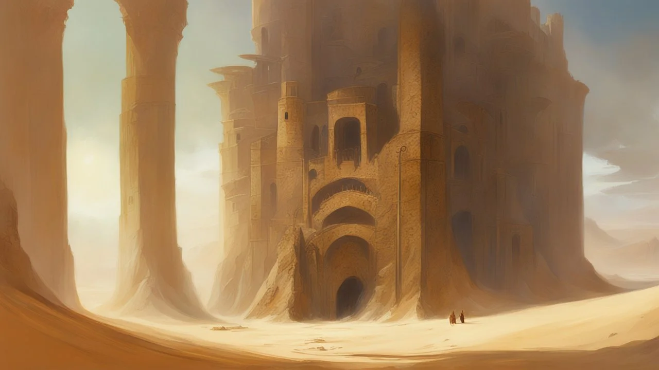 Dune like world, with a building cut into rock, Marc Simonetti