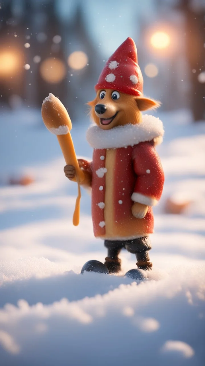 "nisse"using really warm a hot dog to showel the snow, bokeh like f/0.8, tilt-shift lens 8k, high detail, smooth render, down-light, unreal engine, prize winning