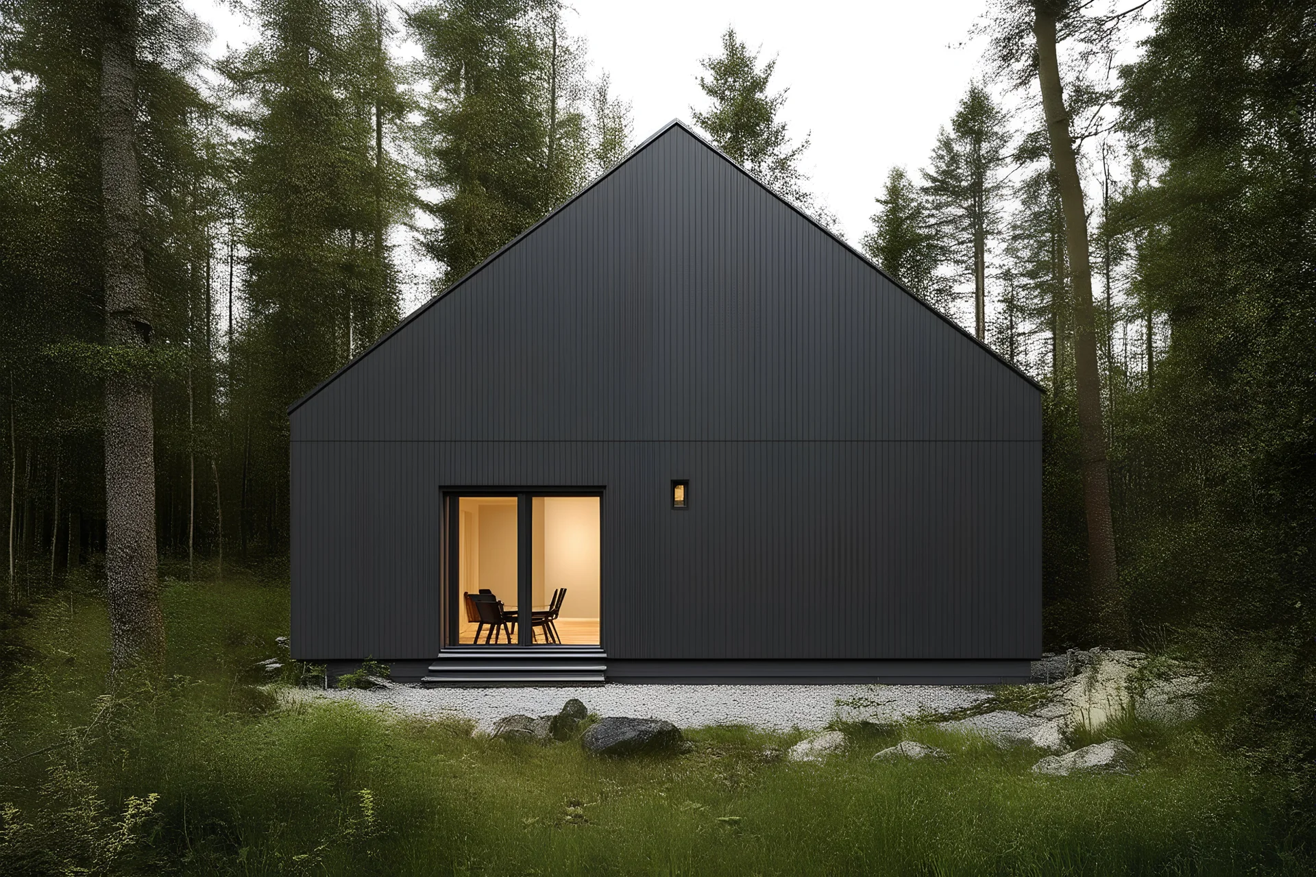 place a scandinavian home valo house colour RAL7009 grüngrau in a dense woodland landscape