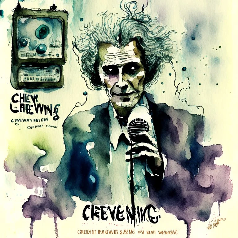 Profound watercolor and ink illustration movie poster for "CREEPING WAVES", double exposure spooky old wild dark bushy-haired shabby ill-fitting suit wearing radio broadcaster with crepey mottled skin speaking into an old-time radio microphone, sinister transistor radio set to 87.9 broadcasting ethereal abominations, Dramatic, creepy, oddball masterpiece, sfumato, complex contrast, dynamic composition, grand design, radio wave textures