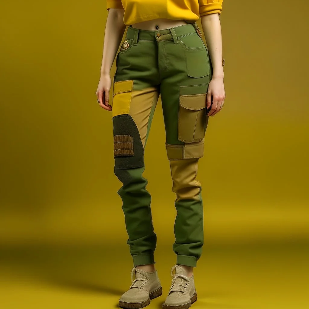 Women model wearing cargo jeans with patch with twill armor jellow and green