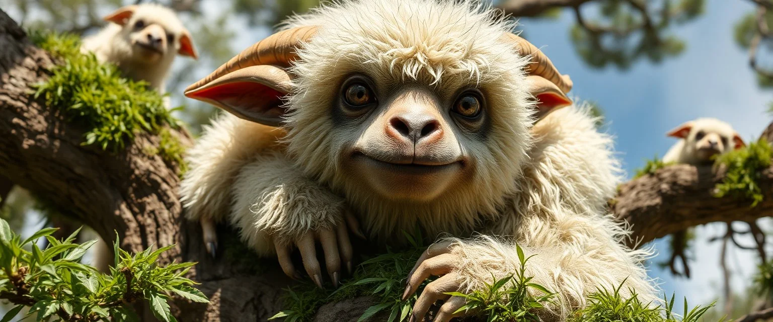 close up on member of giant sloth gremlin sheep flock climbing trees