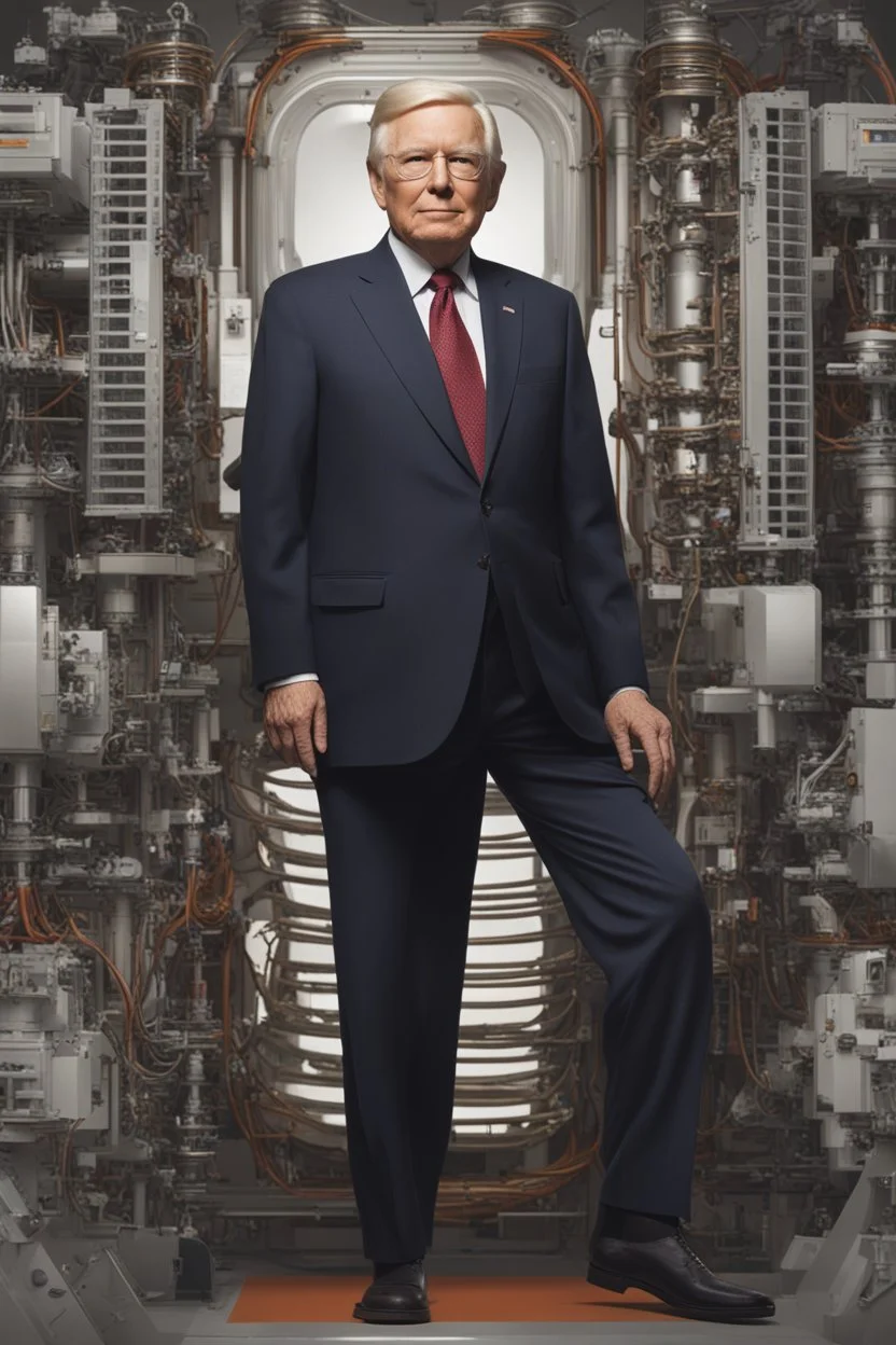 A full body portrait of a president in his 70s. HIgh tech future