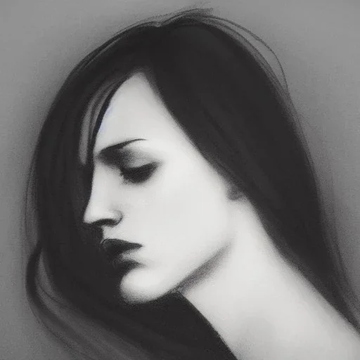 moody tiny charcoal side profile portrait of a beautiful woman, smudged charcoal, side on profile, charcoal portrait, artistic black and white profile portrait, delicate, highly detailed, chiaroscuro, beautiful composition, delicate arrangement, aesthetic, soft lighting, tender