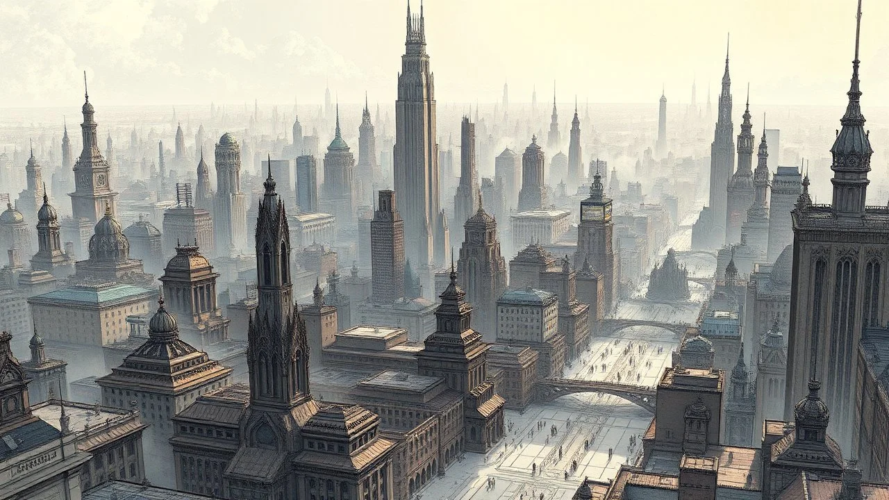 A sprawling metropolis teeming with life and activity rises above the horizon, its towering skyscrapers and bustling streets creating a vibrant urban landscape. This fantasy-inspired cityscape is brought to life with soft, dreamy depictions that evoke a sense of adventure at its core. The detailed sketch captures the epic and eerie essence of the city, with intricate building designs and a sense of grandeur. This expertly crafted image fuses fantasy elements with urban realism, creating a mesmer