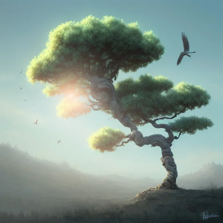 a beautiful digital painting of a marble tree entertwined in tumutluous clouds, intricate white branches and birds flying in the sunlight, blue sky at sunset, elegant, highly detailed, artstation, concept art, matte, sharp focus, art by tom bagshaw, kelogsloops and greg rutkowski