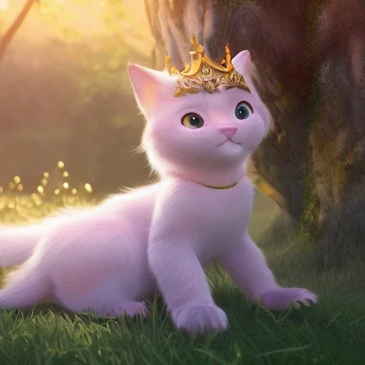 Cute beautiful princess cat girl in a fantasy world; shining eyes, magical world, extremely detailed long fur, high quality picture, beautiful full volumetric lighting, cinematic shimmering illumination, brilliant coloring, smooth, sharp focus, crispy quality, vray; Pixar, Disney, Artstation; HD, HDR, SF, CGSociety, 16k, photorealistic, unreal engine