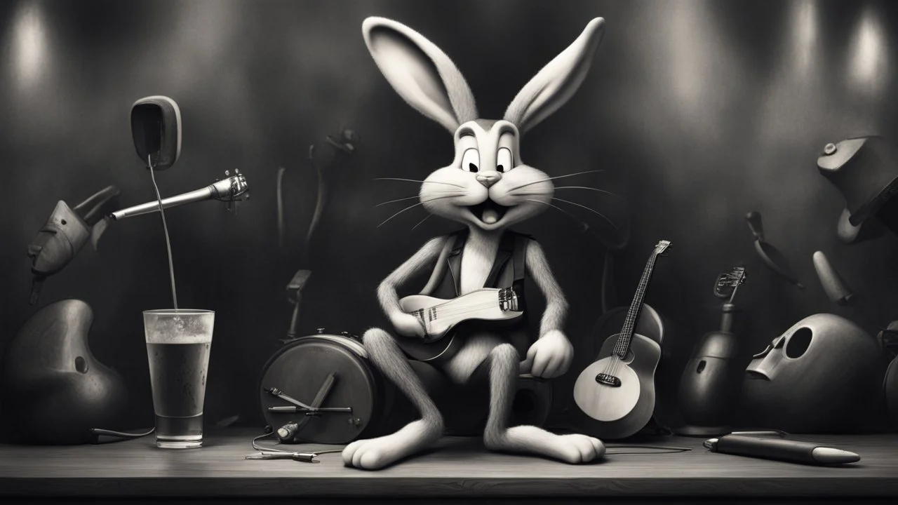 photorealistic deppressed dark melancholic sad Bugs bunny deppressed doing music rock and roll dark heavy metal on a scene alcoholic, ciggaretes ciggaretes ciggaretes sad sad sad sad sad ciggarets