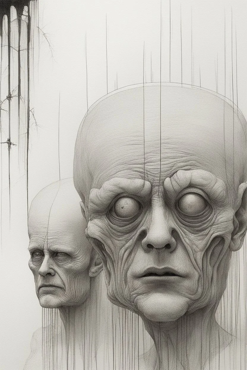 The full body of two fat old men , a thin line draw ، Siamese brothers with one body of two heads , front view camera, decayed and rotting with grotesque proportions and imagery. surreal horror, biomechanical design, by hr giger and beksinski , fine lines draw