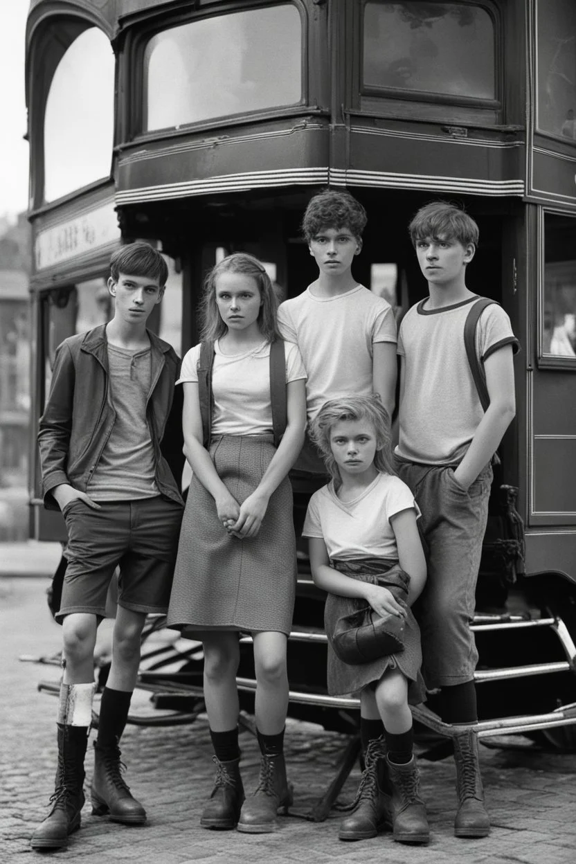 A group of three teenagers - two boys and one girl. Photo taken in front of a historic tramway in Slupsk. Girl ha torn T-shirt, short red skirt, heavy boots, dynamic poses, 135 mm lens, classic Ilford film, highly detailed skin,