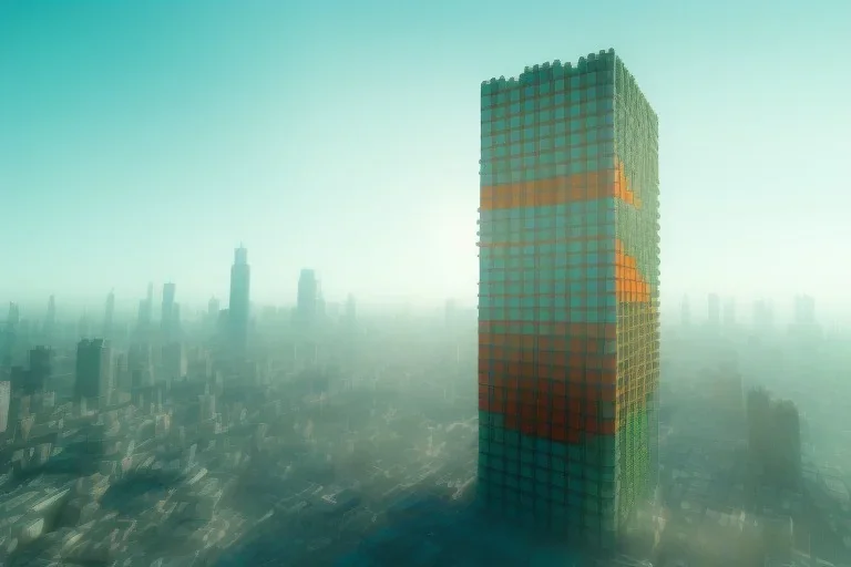 Sunny day Skyscraper made out of Rubik's Cube, Orange, white, blue, green