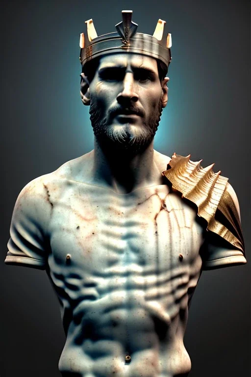 Ultra Realistic image, Roman sculpture, white marble material, Lionel Messi, gold crown of natural thorns, god crown, Miguel Angel style, sun rays background, waist up portrait, epic, celestial, cinematic lighting, God lights, 4k resolution, smooth details, soft lighting, unreal engine 5, art station, substance 3d.