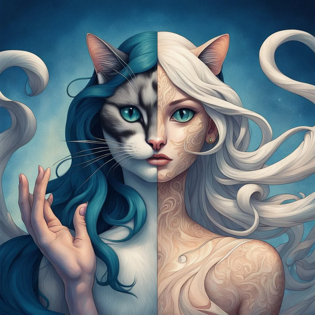 Shapeshifter. Create a character in mid-transformation between forms. half and half. Siamese cat and woman