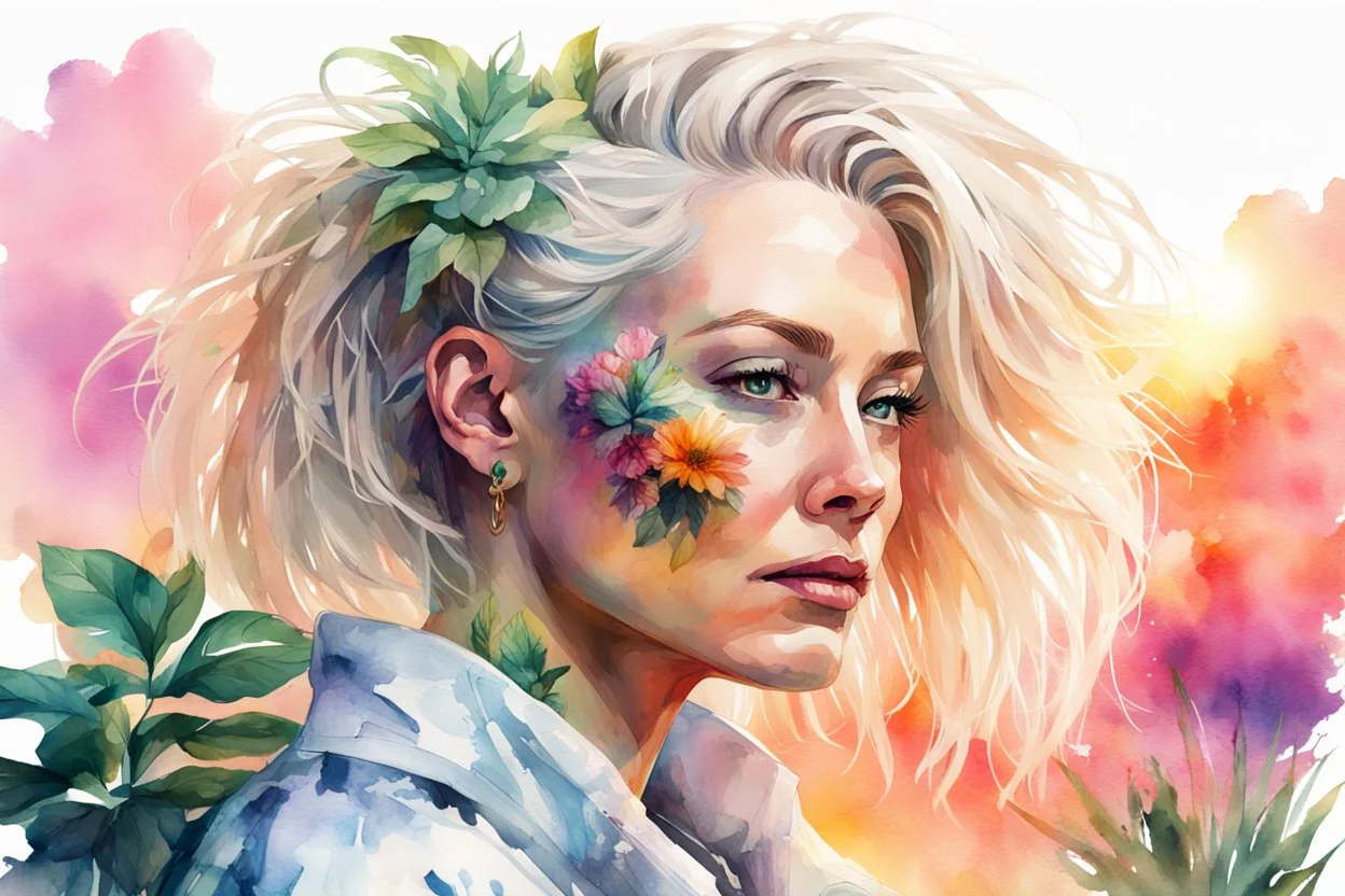 white background, cyberpunk, watercolor, Woman 48 years old, blonde, portrait painting, acrylic, summer sunset, plant hair, flower clothes, double exposure, fine rendering, high detail, high resolution, 8K