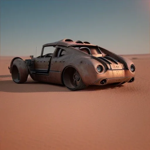 3d rendering. Steampunk futuristic car. Buried in desert sand. Lost in Time