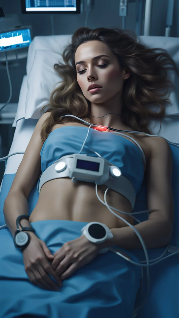 photorealistic hyperdetailed young woman lying on a hospital bed with a heart monitor and tubes attached