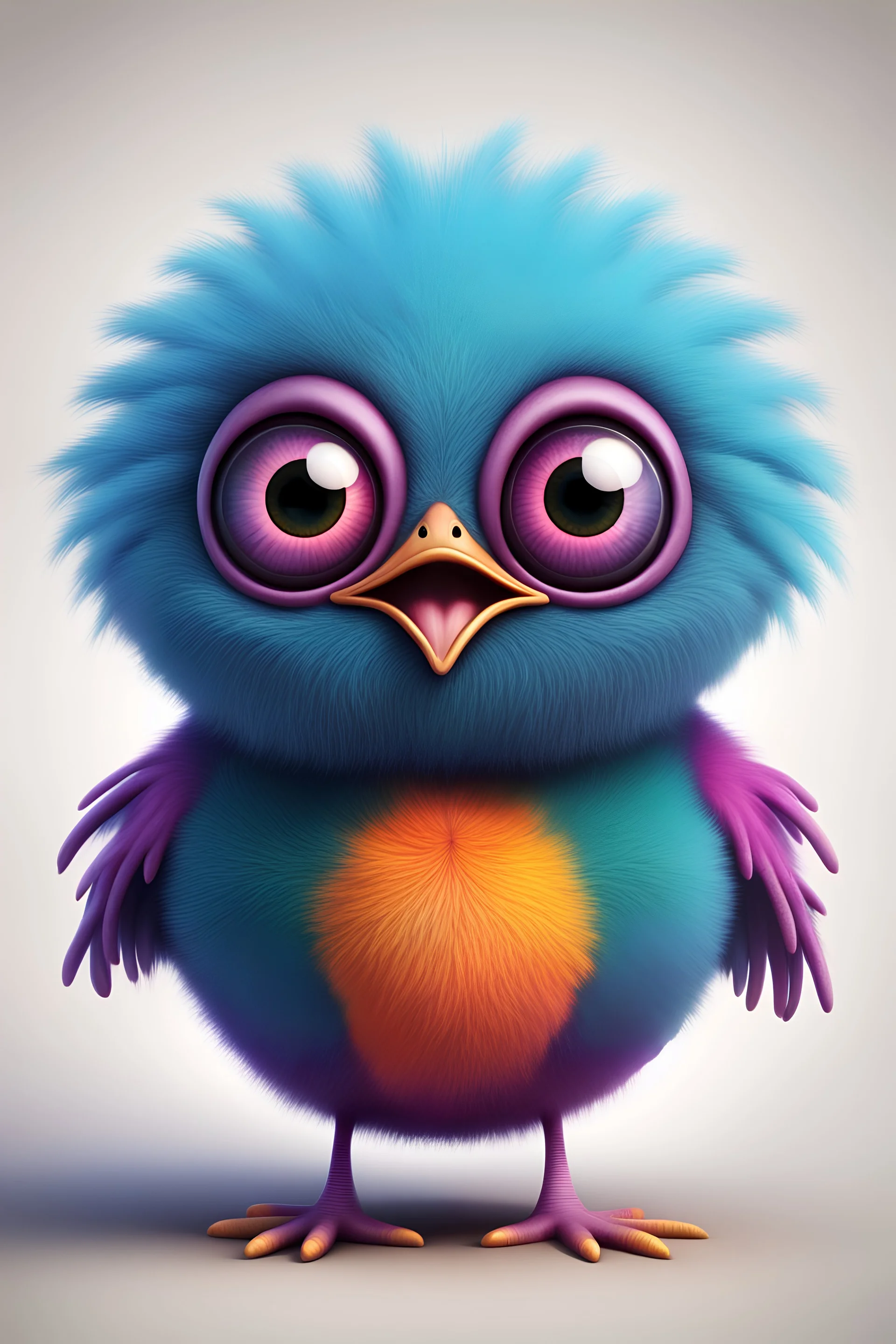 A colorful, fluffy, spherical cartoon alien bird with a strange smile and big eyes