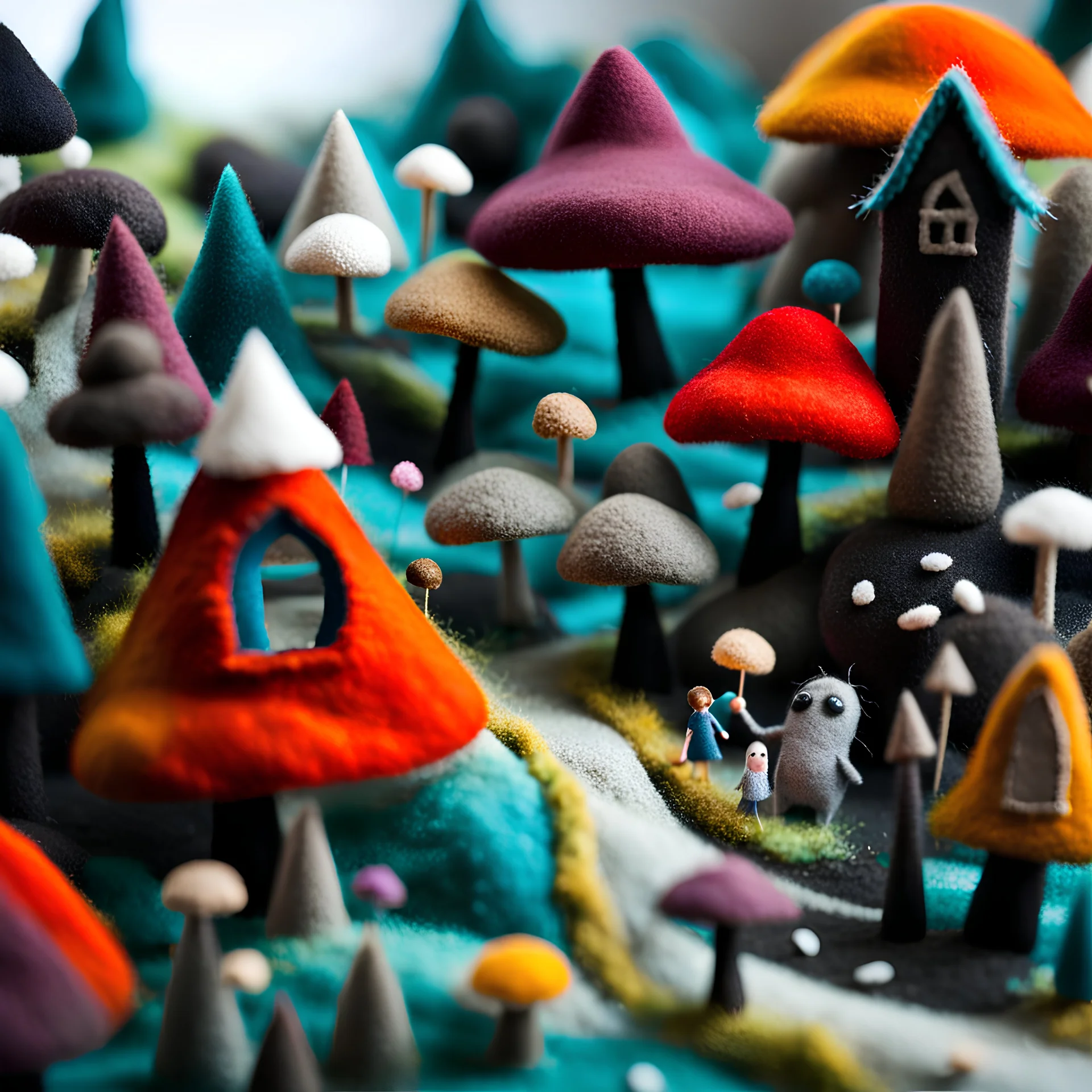 Close-up photograph of a village made of felt, people, rock formations, animals, fungi, crystals, mineral concretions, extreme detail, intricate, colours, Tim Burton, Harry Potter, sinister scribbles, sparkles, bokeh