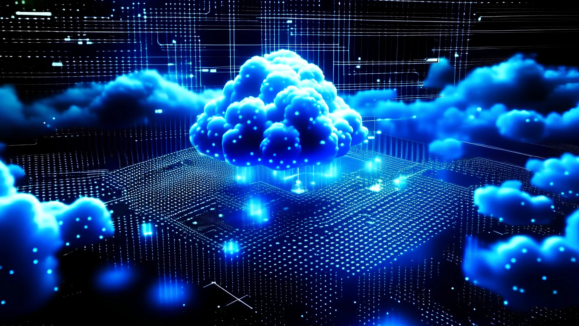 Futuristic cloud computing technology on background of microcircuit elements, microchip circuit board, a neon cloud floating microchip technology and cloud computing in the world of IoT