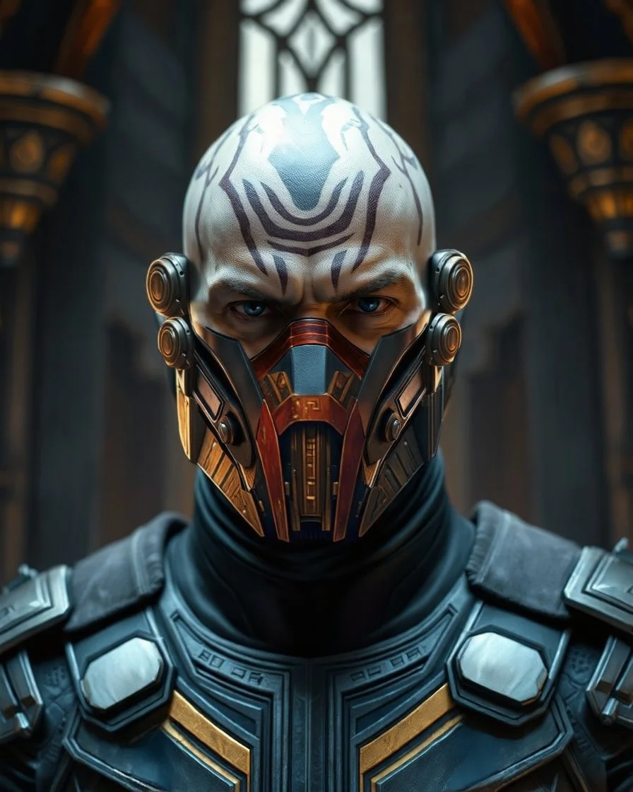 heavily scarred head bald male corellian jedi wearing gunmetal grey and black old republic armored flightsuit and breath mask with gold and metallic red trim inside the jedi temple, centered head and shoulders portrait, hyperdetailed, dynamic lighting, hyperdetailed background, 8k resolution, volumetric lighting, light skin, fully symmetric details