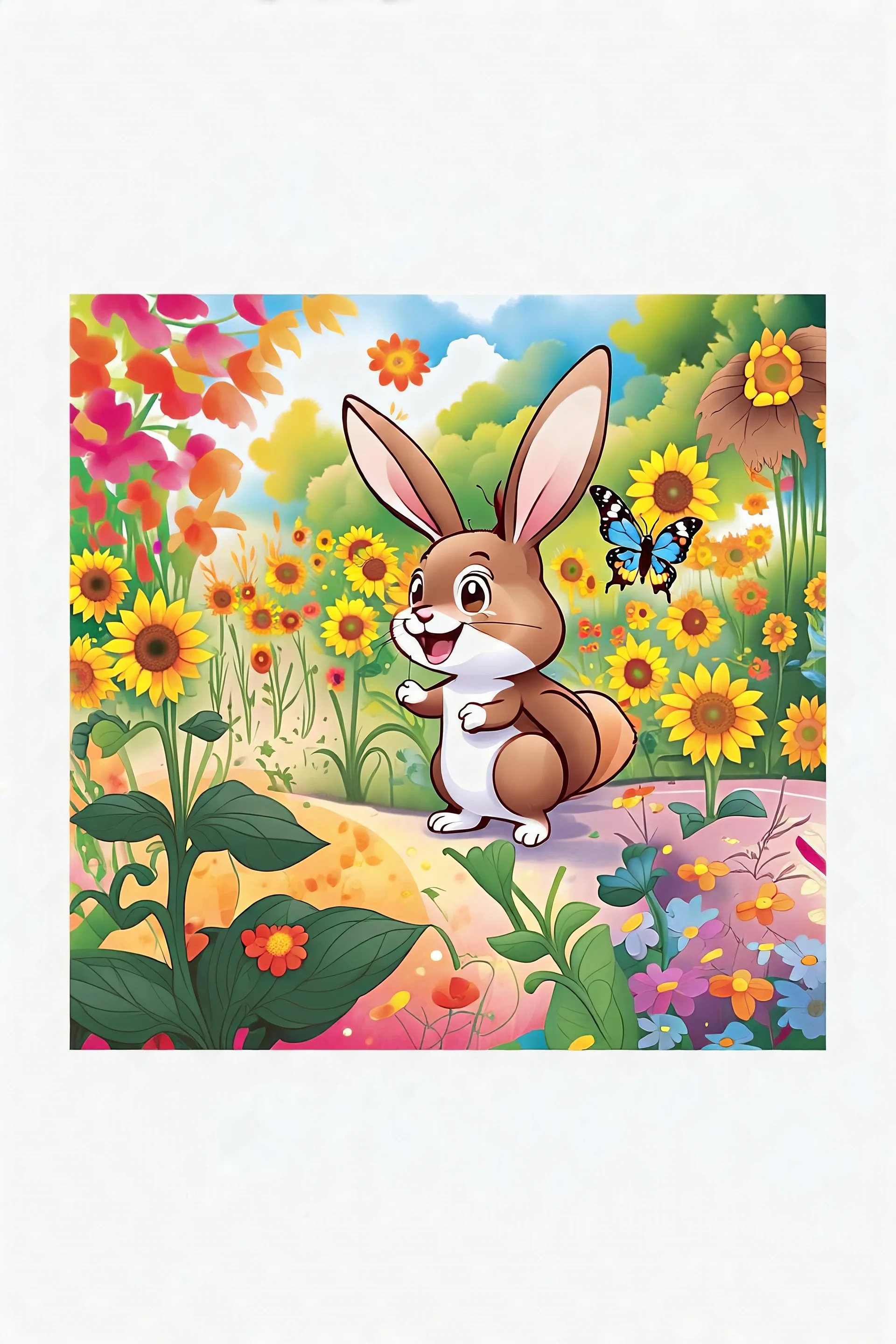 The cute bunny excitedly looks at a bright yellow sunflower in the colorful garden, the beautiful butterfly and friendly brown squirrel are smiling, child book illustration style, faces must be the same as reference image