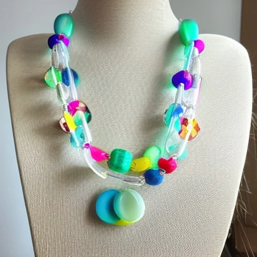 Chunky clear polyester necklace with colorful beads and charms