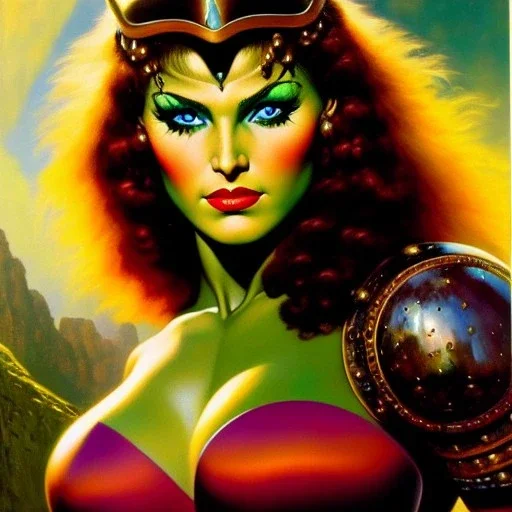 portrait oil on canvas, beautiful busty female Barbarian Warrior,green eyes, ,minimal armor,comic book cover, mystical colors,insanely detailed,realistic,intrincate detail, 16k resolution, masterpiece,Frank Frazetta,Alex Horley, Simon Bisley