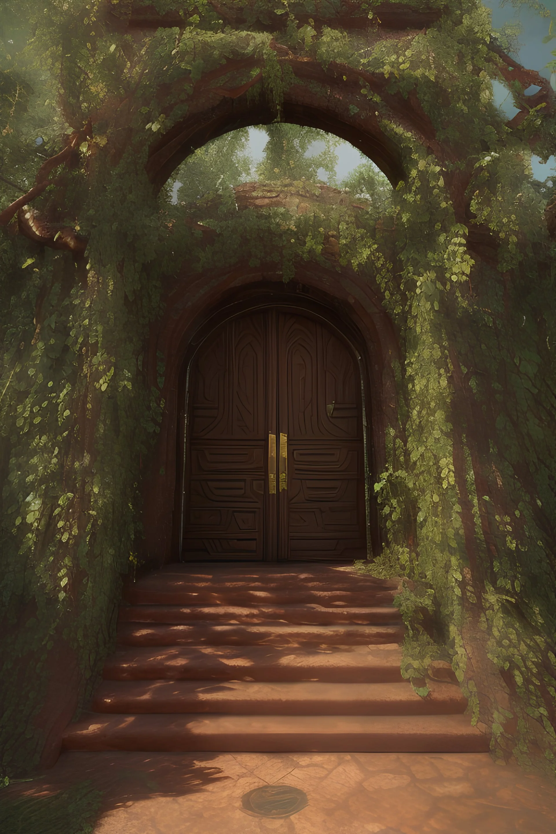 entrance to Hell:: greece:: heavy archway:: ornate, beautiful, lush, vines, goddess statues, Intricate Tree branches, Lava fountain, low angle, red shift, Photorealistic --ar 1:2 --q 2