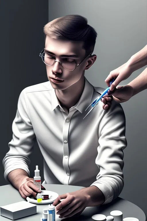 A young man sitting on a chair giving himself an injection, medicines and drugs on the table next to him, 8k, finely detailed, photo realistic.