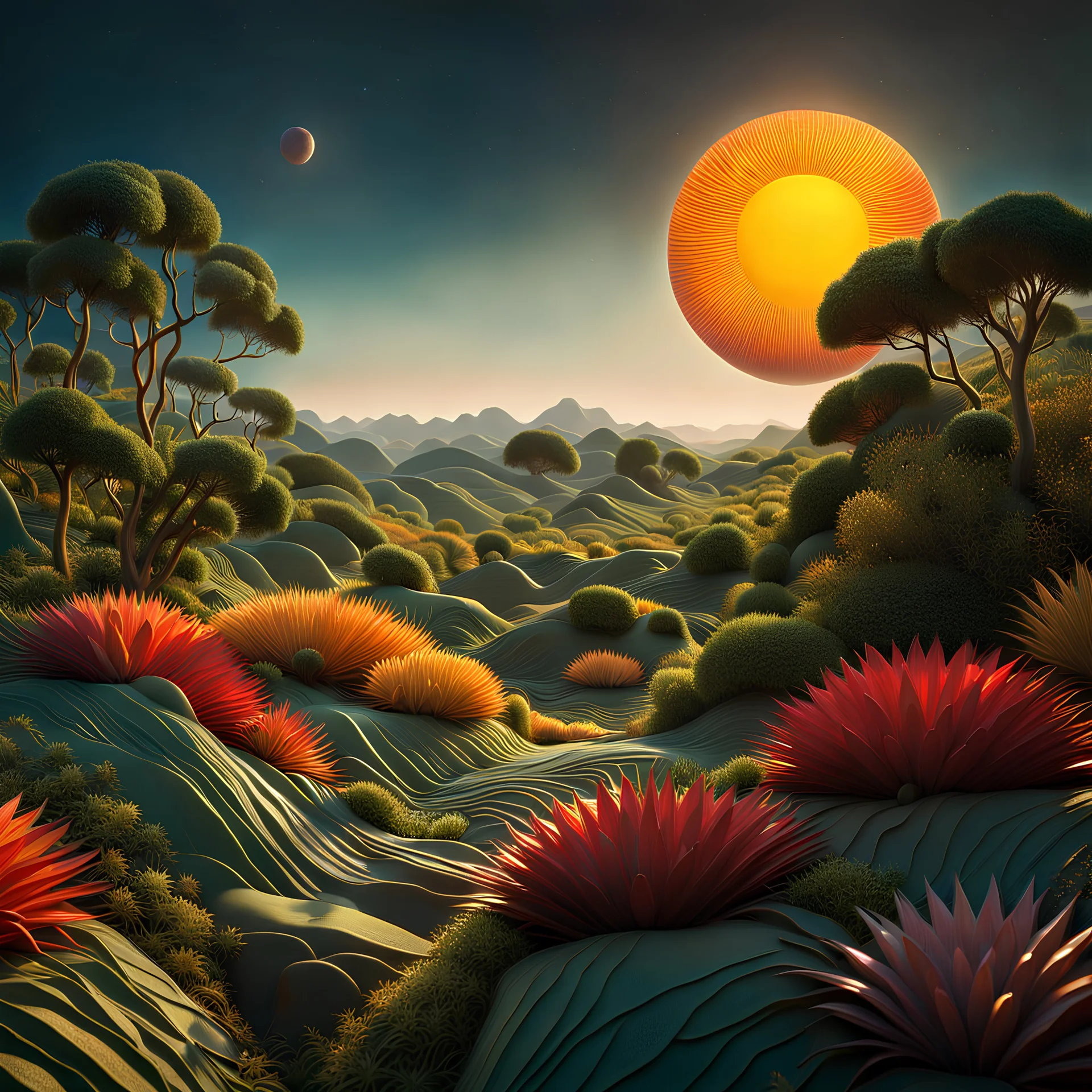 An incredibly peaceful detailed landscape, Max Ernst, Henri Rousseau, Haji Widayat, primordial nature, sun, strong texture, extreme detail, intricate, strong colours, bas-relief, high resolution, volumetric light, 8k, 3d, cinematic, rich moody colors, sparkles, decal, octane render, 55mm photography, 8k, sharp focus, volumetric light, ZBrush