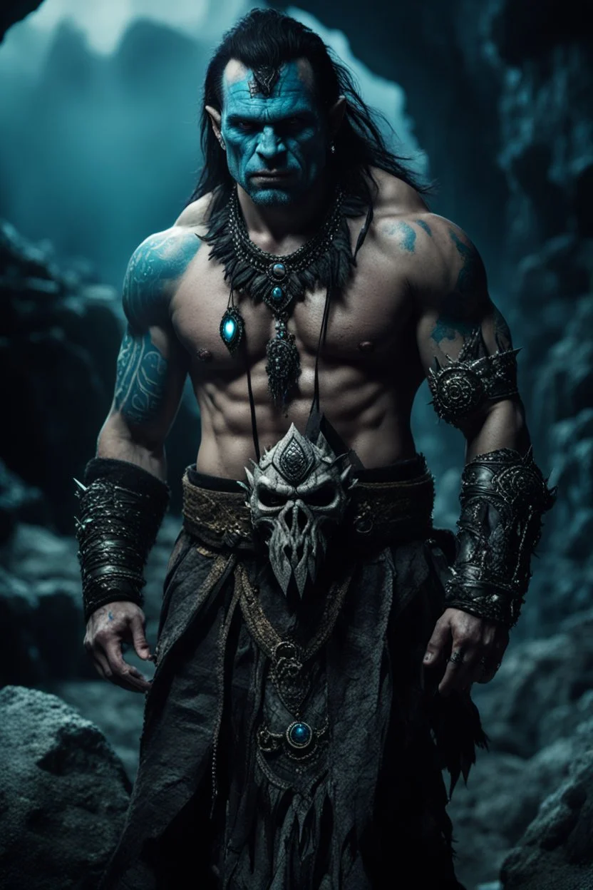 portrait of an orc king with pale skin. scar running across one eye. Tribal Tattoos Dark hair and ice blue eyes. His look is sad. Half of his head is shaved. wearing jewellery. High resolution. 4K. 8K. Dark Fantasy style. Cave in the background