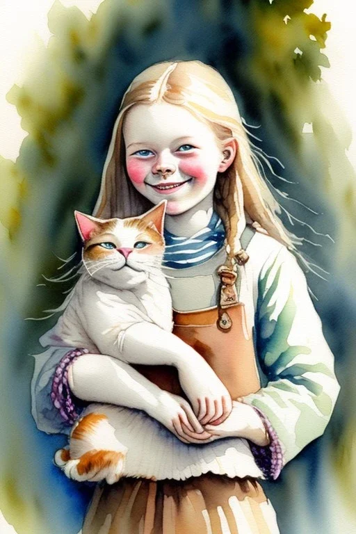 A cute smiling scandinavian girl is holding a cat. Watercolour