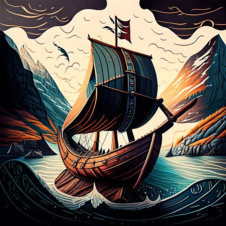 Generate an iconic Norwegian small rowing Viking ship transformed into an artistic masterpiece, with the ship serving as the canvas for creative expression. illustration of a Norwegian landscape in a unique, artistic style.