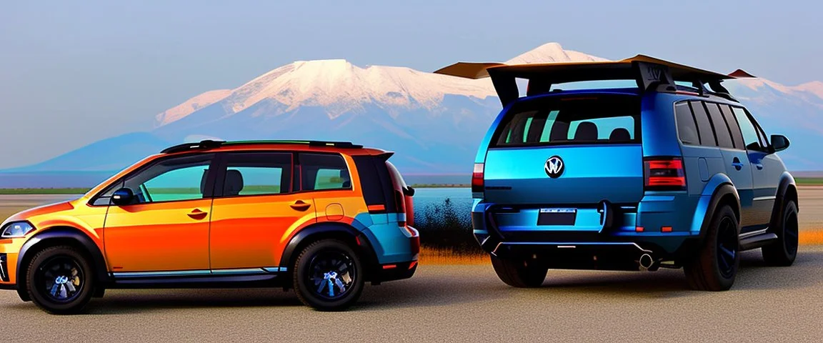 A national geographic award winning photograph of a military fighter jet station wagon wasp hybrid designed by volkswagen only one vehicle per image painted metallic orange traveling at a high rate of speed, jet intake off of front center of vehicle and jet exhaust out the rear with bright blue flame