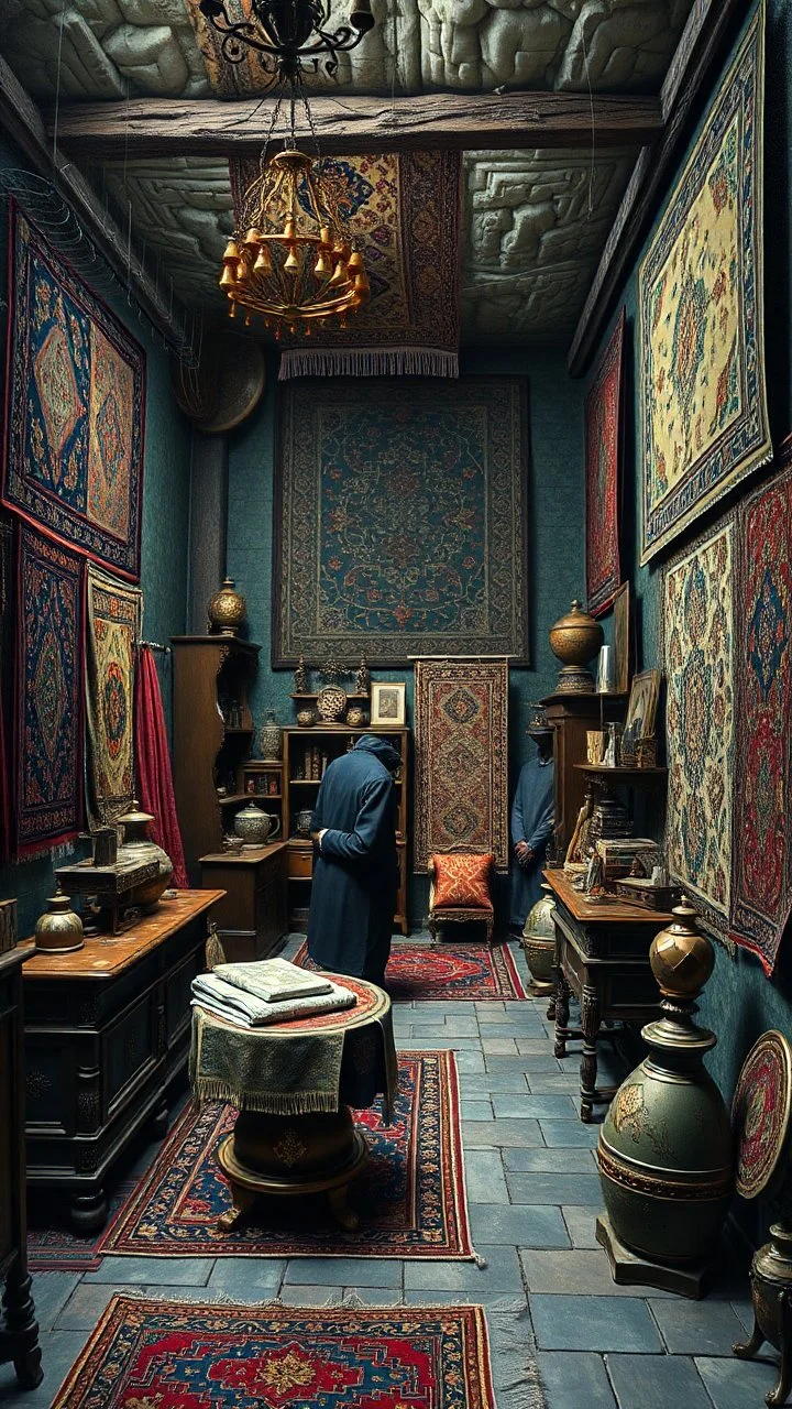 Bosch painting style nightmare , 3D , a gift store from the middle eastern decor and rugs on the wall in the background, high Quality picture , 8k