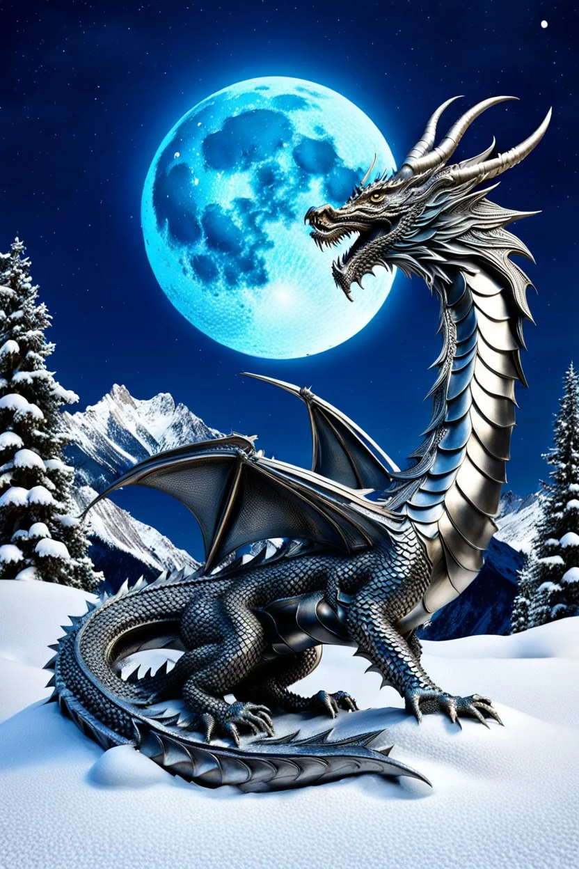 a weird beautiful metallic dragon sculpture sitting on the snow. The dragon sculpture looking the full moon on the dark sky. the high artistic nature of the animal sculpture and the serene atmosphere of the snow and high winter mountains setting. stunning, high detailed