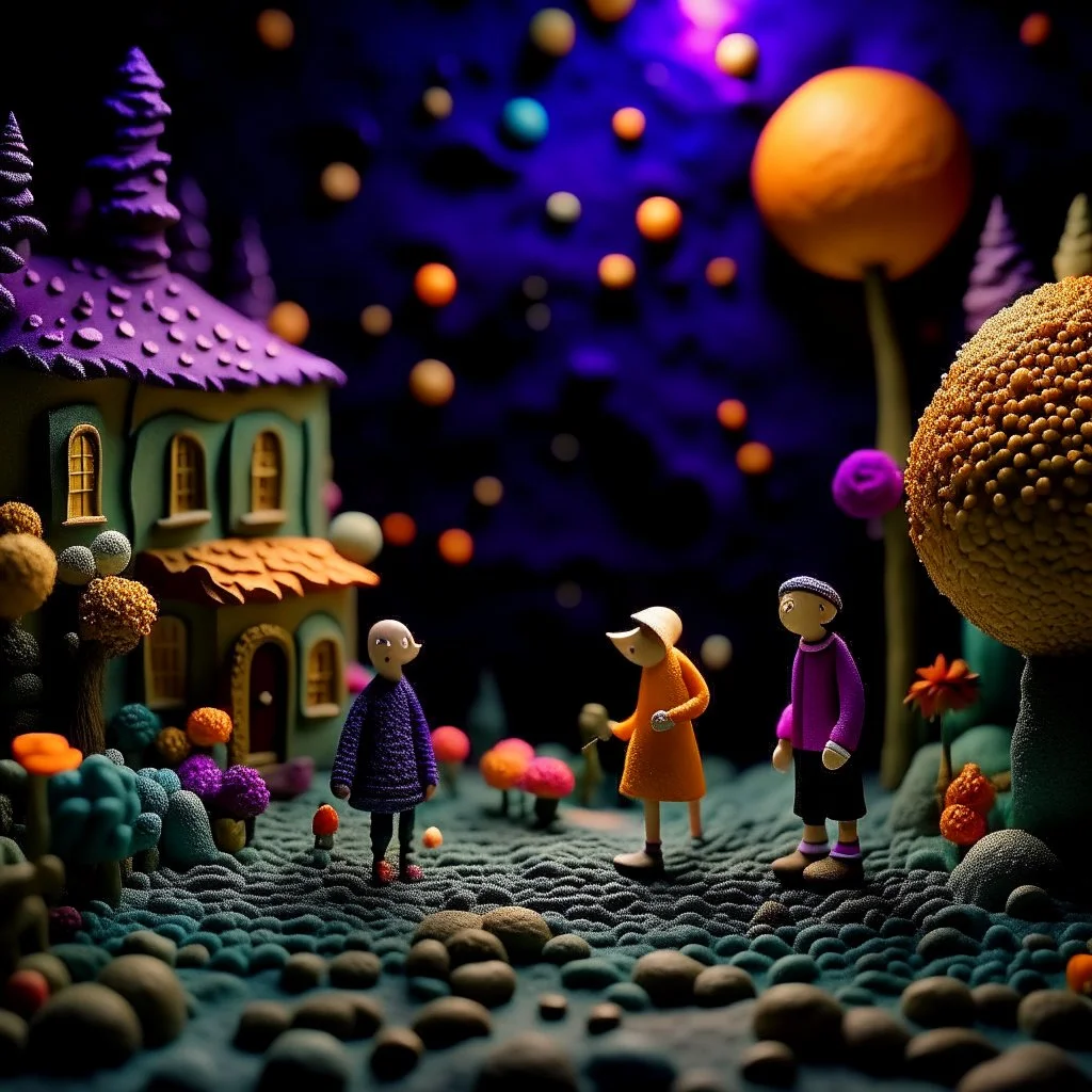 Detailed people, street made of modeling clay and felt, village, stars, galaxy and fog, planets, moon, volumetric light flowers, naïve, Henri Rousseau, strong texture, extreme detail, Yves Tanguy, decal, rich moody colors, sparkles, Harry Potter, bokeh, odd, shot on Ilford