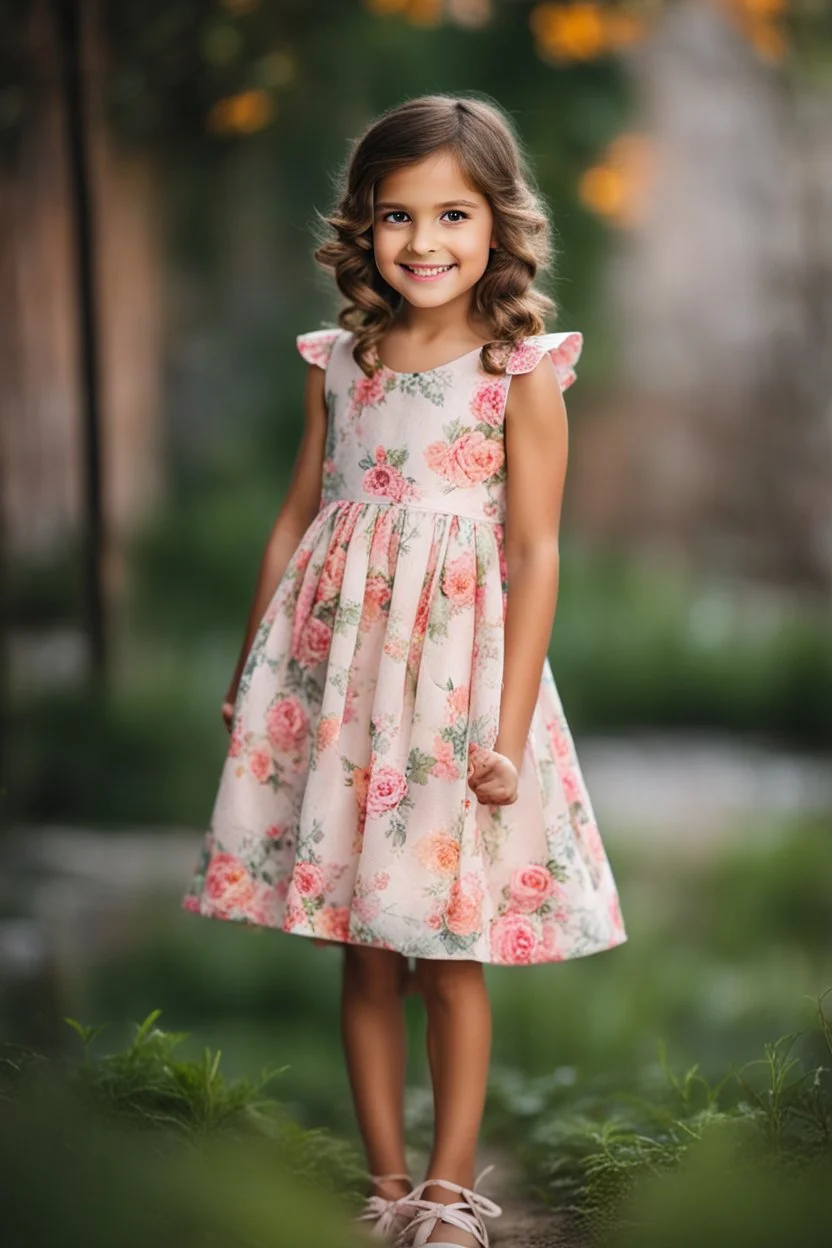 Little 8 years old girl wearing a pretty dress, standing pose