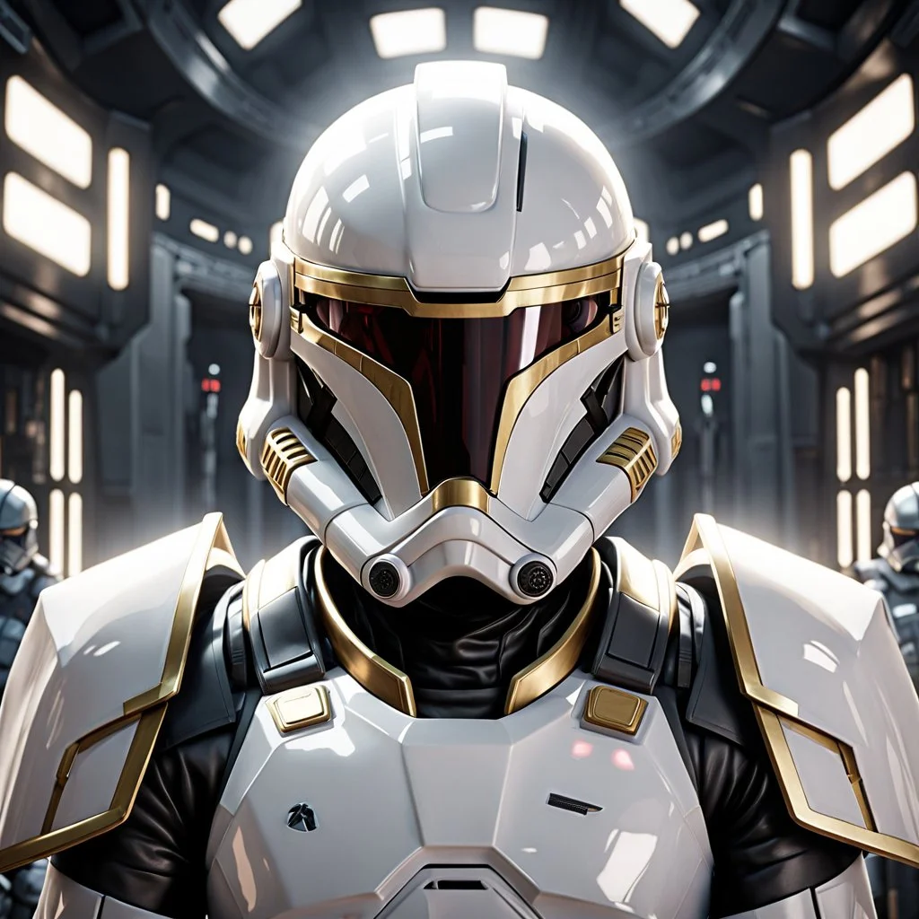 star wars bald male corellian pilot wearing pearlescent black and gunmetal grey First Order special forces heavy assault armor and helmet with gold trim inside the jedi temple, centered portrait, hyperdetailed, dynamic lighting, hyperdetailed background, 8k resolution, volumetric lighting, light skin, fully symmetric details