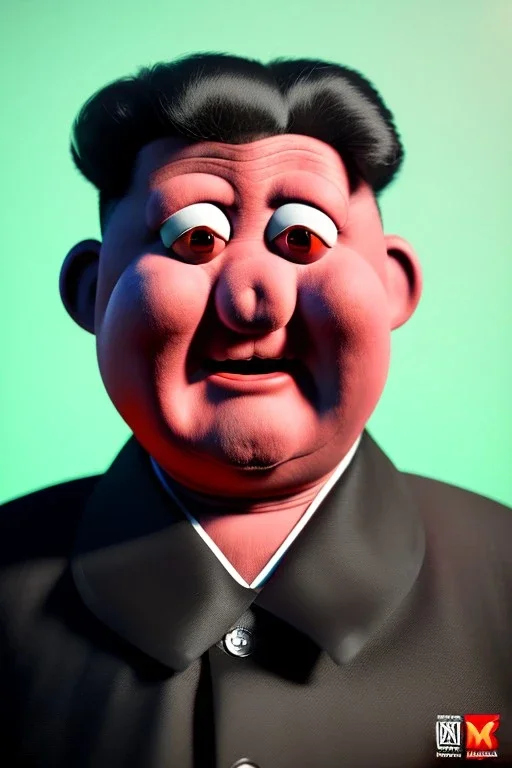 Waist up muppet Portrait, Kim Jong-un as muppet doll, black suit, photo studio, red background, unreal engine 5, concept art, art station, god lights, ray tracing, RTX, lumen lighting, ultra detail, volumetric lighting, 3d.