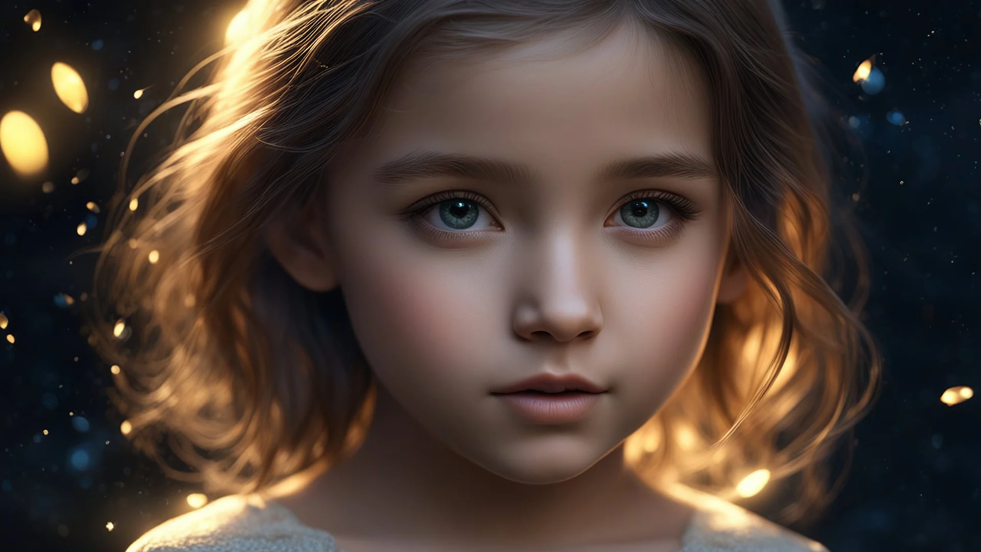 49216. young little girl, head and shoulders and chest, perfect eyes, fireflies, darkness, exquisite composition, thoughtful, self-assured, confident, beautiful, peaceful, kind, beautiful detailed intricate insanely detailed octane render trending on artstation, 8k artistic photography, photorealistic concept art, soft natural volumetric cinematic perfect light, chiaroscuro, award-winning photograph, masterpiece, raphael, caravaggio, greg rutkowski, beeple, beksinski, alma tadema, Bouguereau