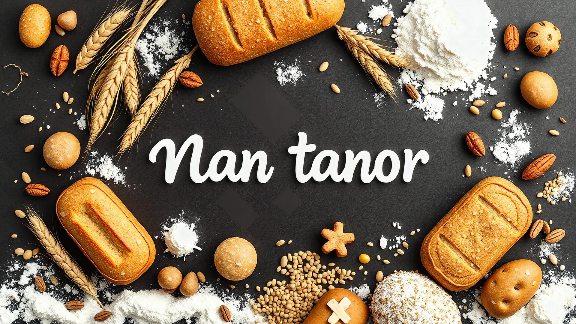 A design full of all kinds of real bread and sweets, decorated with wheat ears, flour, wheat seeds, barley, sesame seeds, and writing (nan tanor) in the center.